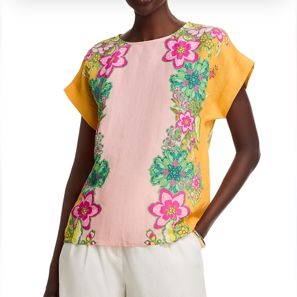 T Tahari Women’s Linen Blend Floral Eternity Garden Blouse Dolmen Sleeve Blouse